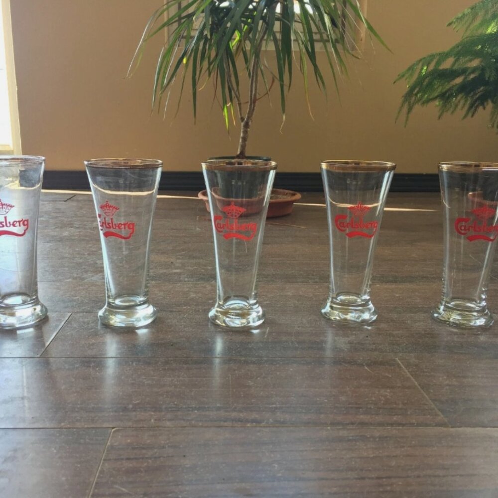 Vintage Carlsberg Glass Tumbler Style Set of 5 w/ Gold Trim From Denmark